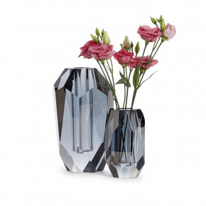 Set of Two Smoke Faceted Hand-Cut Crystal Glass Vase