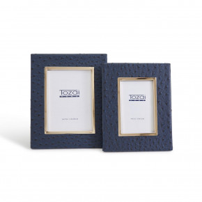 Set of 2 Navy Ostrich Photo Frames with Gold Edge (4" x 6", 5" x 7") Vegan Leather/Stainless Steel/Glass