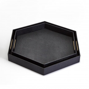 Set of 2 Black Hexagon Stingray Trays with Golden Handle Vegan Leather/Stainless Steel