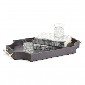 Regency Decorative Gray Rectangle Tray with Nickel Acrylic Handles Vegan Leather