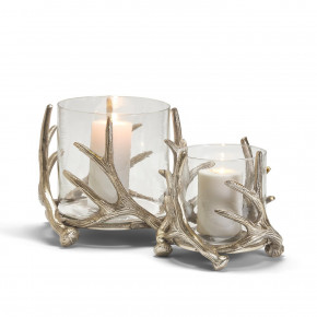 Set of 2 Antiqued Silver Antler Hand-Crafted Hurricanes with Bubble Glass Insert Includes 2 Sizes Recycled Aluminum/Glass