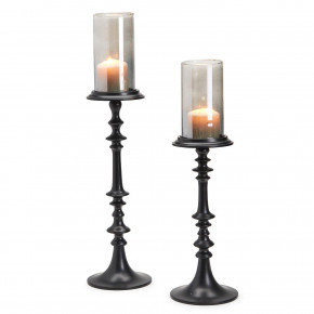 Set of 2 Black Candleholders with Removable Hand-Crafted Smoke Glass Cup Includes 2 Sizes Aluminum/Hand-Blown Glass