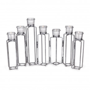 Silver Serpentine Set of 7 Hinged Votive Candleholders with Antiqued Silver Leaf Finish Iron/Glass