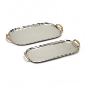 Palma Set of 2 Decorative Silver Tray with Rattan Wrapped Handles Nickel