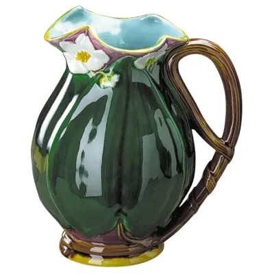 Lotus Majolica Green W Floral Pitcher 8.5"
