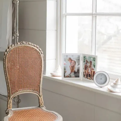 Silver Trim, White Enamel Double Picture Frame 5 x 7 in