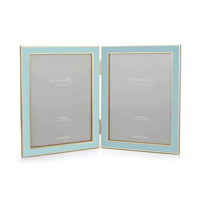 Gold Trim, Powder Blue Enamel Double Picture Frame 5 x 7 in