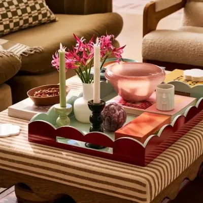 Lacquered Scallop Cherry & Eau de Nil Ottoman Two-Tone Tray Large