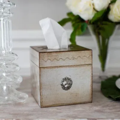 Florentino Leone Wooden Tissue Box Holder Antique Silver