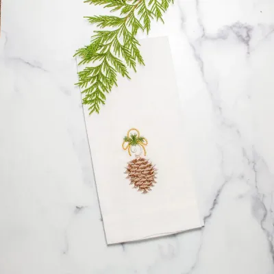 Pinecone Ornament, White 17" x 29" Linen Hand Towel
