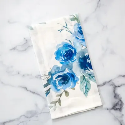 Watercolor Blue Floral, Italian Linen 19.5" x 29" Linen Hand Towel