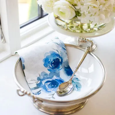 Watercolor Blue Floral, Italian Linen 19.5" x 29" Linen Hand Towel