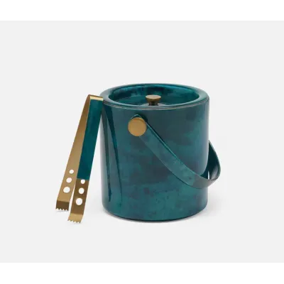 Nelson Blue Gloss Ice Bucket with Tongs Vellum Leather