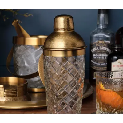 Sevasti Antique Brass Diamond Etched Cocktail Shaker/Glass