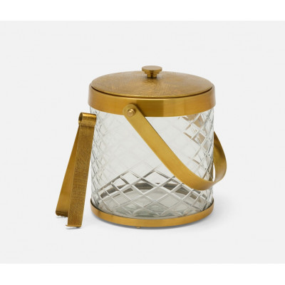 Sevasti Antique Brass, Diamond Etched, Ice Bucket w/ Tongs, Metal/ Glass