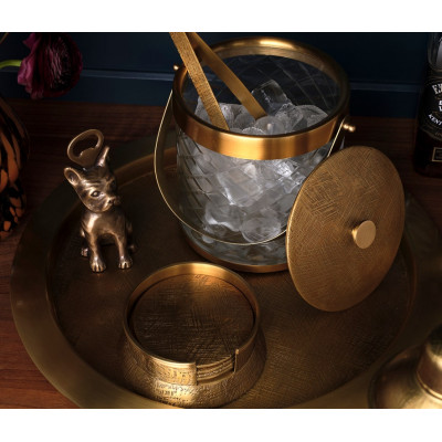 Sevasti Antique Brass, Diamond Etched, Ice Bucket w/ Tongs, Metal/ Glass