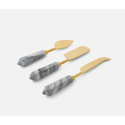 Priscilla Gray/Polished Gold Set of 3 Cheese Knives Stainless Steel/Marble