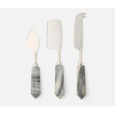 Priscilla Gray/Polished Silver Set of 3 Cheese Knives Stainless Steel/Marble