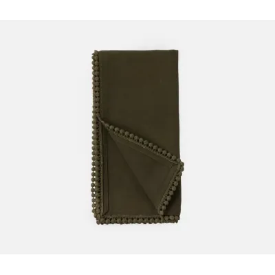 Margot Dark Olive, Pom Pom Border, Napkin, Cotton Canvas, 22x22, Pack of 4