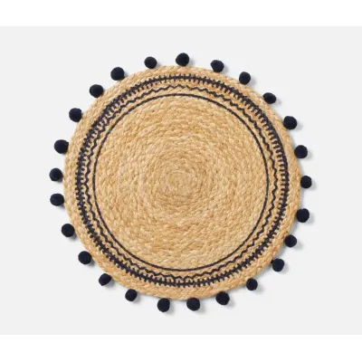 Giada Natural/Navy, Pom Pom, Round Placemat, Jute, Pack of 4