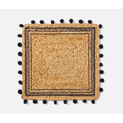 Giada Natural/Navy, Pom Pom, Square Placemat, Jute, Pack of 4