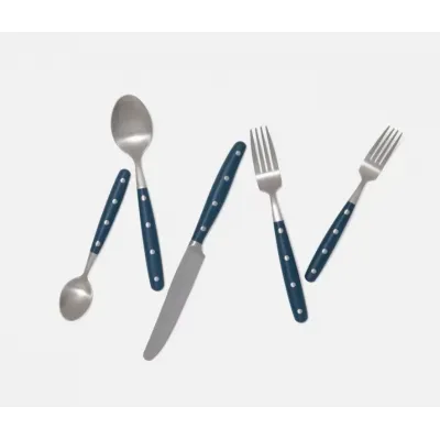 Jones Blue Pom Handle/Silver Stainless Steel Flatware 5-Piece Set