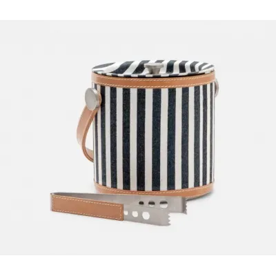 Hamilton Striped Canvas W/ Leather Trim Ice Bucket W/ Tongs Round