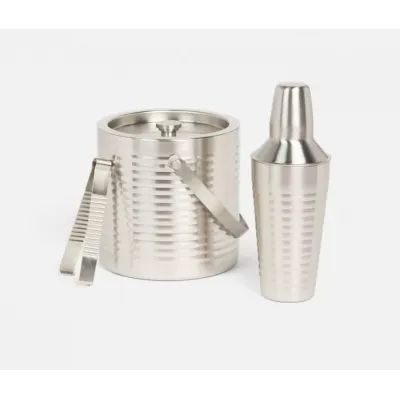 Clare Matte Nickel Ice Bucket W/ Tongs Round Ribbed Stainless Steel