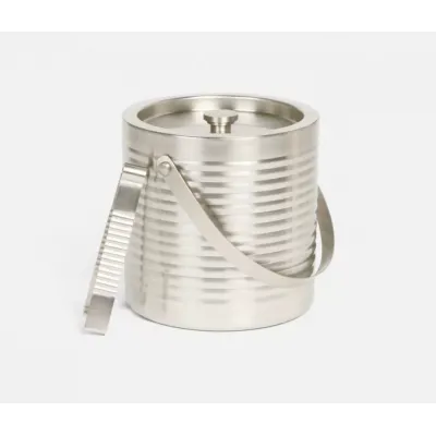 Clare Matte Nickel Ice Bucket W/ Tongs Round Ribbed Stainless Steel