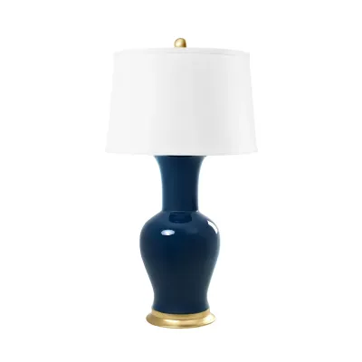 Acacia Gold / Navy Blue Lamp with Shade 17-inch White Linen