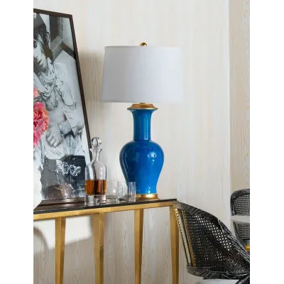 Acacia Gold / Peacock Blue Lamp with Shade 17-inch White Linen