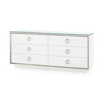 Ansel Chiffon White 6-Drawer with Glass Top Extra Large