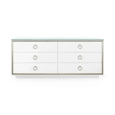 Ansel Chiffon White 6-Drawer with Glass Top Extra Large