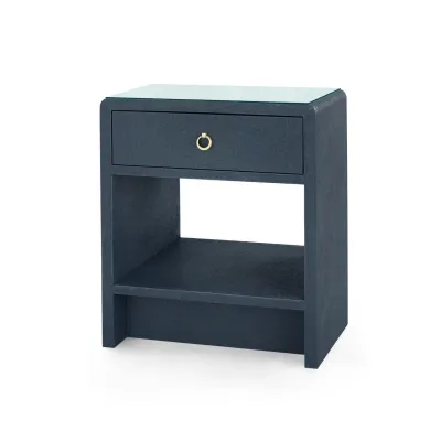 Benjamin Linen Blue Steel 1-Drawer Side Table with Glass Top