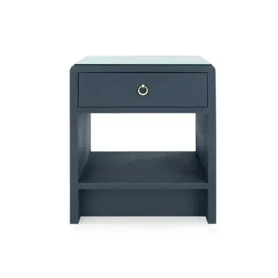 Benjamin Linen Blue Steel 1-Drawer Side Table with Glass Top
