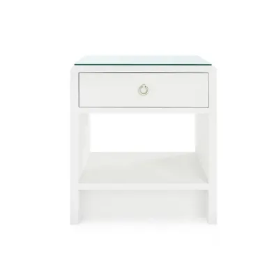 Benjamin Linen Chiffon White 1-Drawer Side Table with Glass Top
