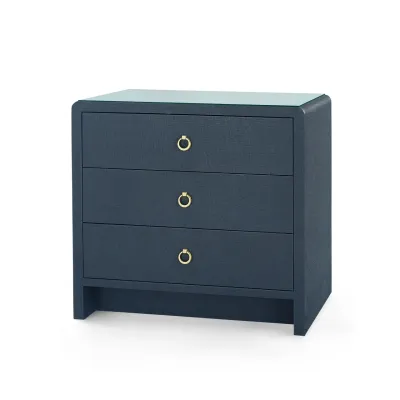 Bryant Linen Blue Steel 3-Drawer Side Table with Glass Top