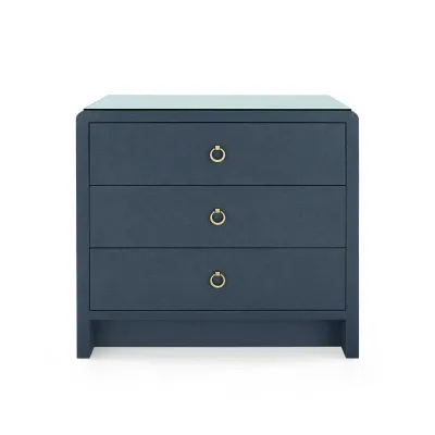 Bryant Linen Blue Steel 3-Drawer Side Table with Glass Top