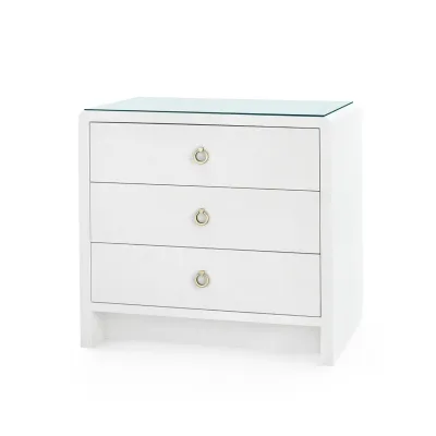 Bryant Linen Chiffon White 3-Drawer Side Table with Glass Top