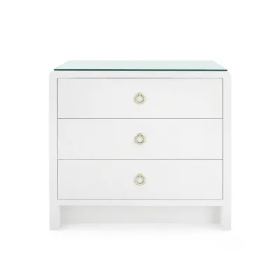Bryant Linen Chiffon White 3-Drawer Side Table with Glass Top