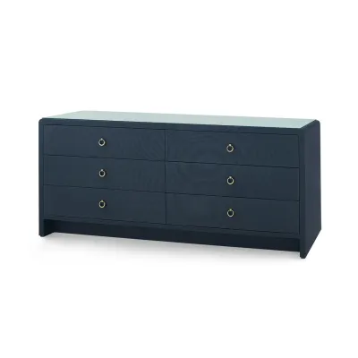 Bryant Linen Blue Steel 6-Drawer with Glass Top Extra Wide Large