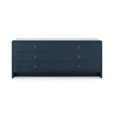 Bryant Linen Blue Steel 6-Drawer with Glass Top Extra Wide Large