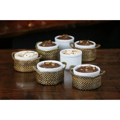 Round Souffle Baskets w/handles Incl. Round Stoneware 8 oz Souffle Dish