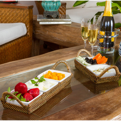 Rectangular Tray with Two Dividers, includes Porcelain Dish 9.75 in L x 5 in W 1.75 in H