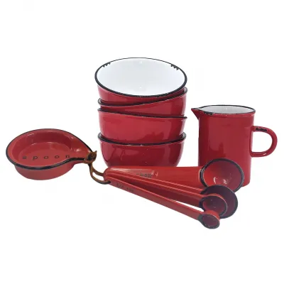 Tinware 7-Pc Prep Set Red (4 Small Bowls, 1 Measuring Spoon Set, 1 Creamer, 1 Spoon Rest)