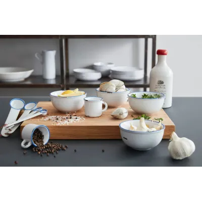 Tinware 7-Pc Prep Set White w/ Blue Rim (4 Small Bowls, 1 Measuring Spoon Set, 1 Creamer, 1 Spoon Rest)