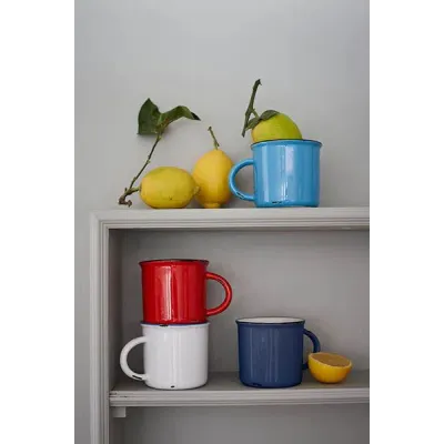 Tinware Mug Set Summer (Includes Red, Blue, Teal, White w/ Blue Rim)