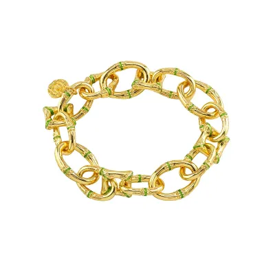 Bangkok Bamboo Gold/Green Enamel Link Bracelet 7.25"