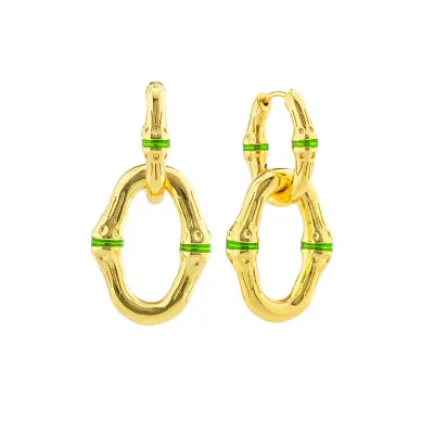 Bangkok Bamboo Gold/Green Enamel Convertible Link Earrings