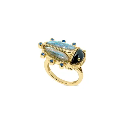 Scarab Blue Labradorite/Black Agate Ring Size 7